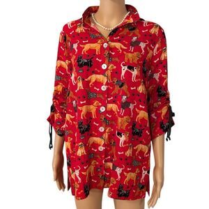 🐶 John Mark Women’s Size Small Woven Dog Lover Print 3/4 Sleeve Button Back Top